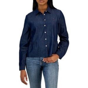 NWT Tommy Jeans Chambray Peplum Button Down Shirt Dark Wash Denim Long Sleeve